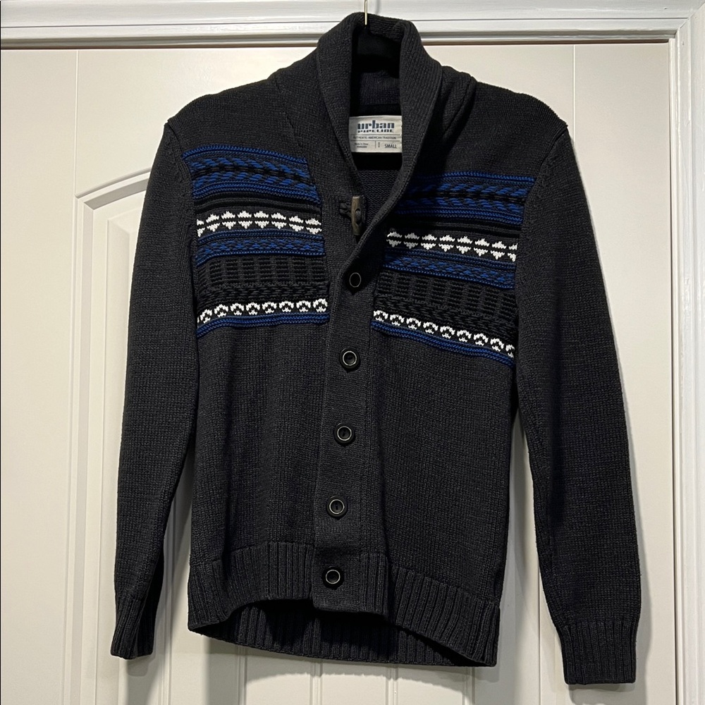 Urban Pipeline Dark Cardigan with Blue and White Accents